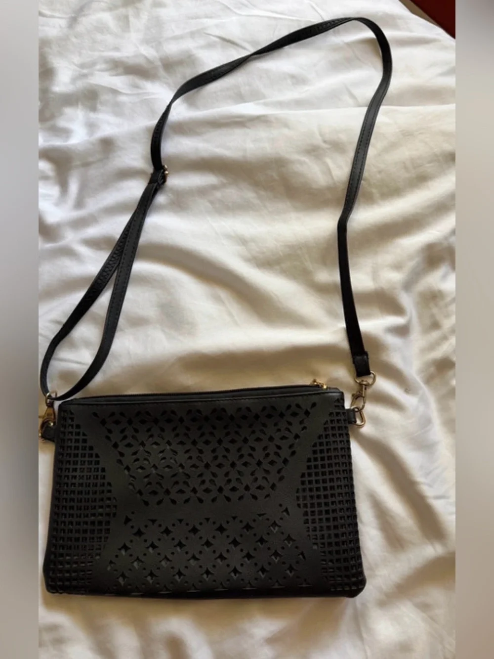 Black Leather Laser-Cut Crossbody Bag - Unbranded